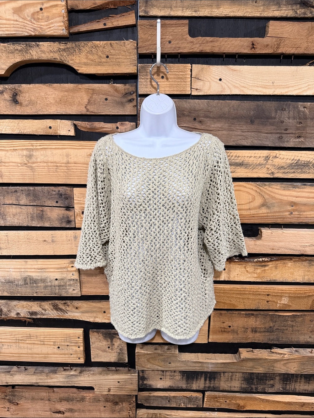 Apropos Boho Beige Crochet Open Knit 3/4‎ Bell Sleeve Sweater M/L Lagenlook